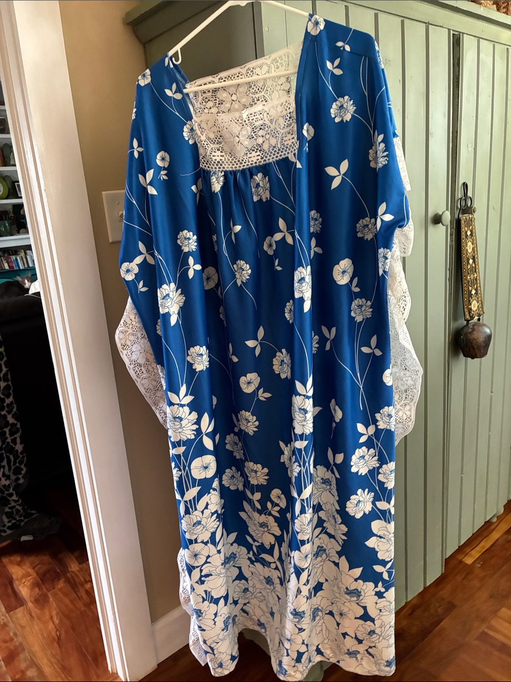 Vintage Blue Floral Lace-Trim Caftan Nightgown